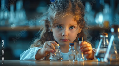 A cute little girl holds a microscope and holds a laboratory flask with a scientist testing water at school as an educational concept