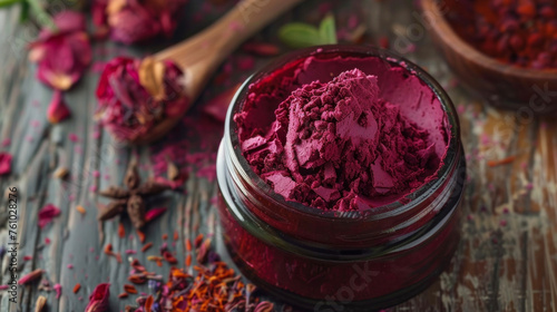 A jar of vibrant red herbal paste made from natural ingredients used for topical application and known for its antiinflammatory and painrelieving properties. photo