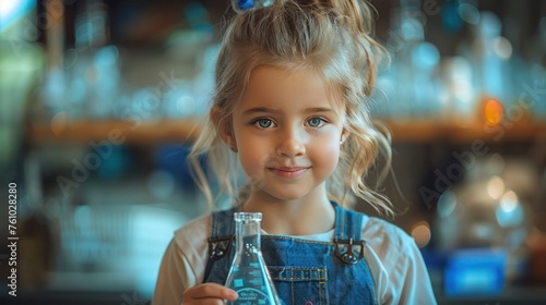 A cute little girl holds a microscope and holds a laboratory flask with a scientist testing water at school as an educational concept