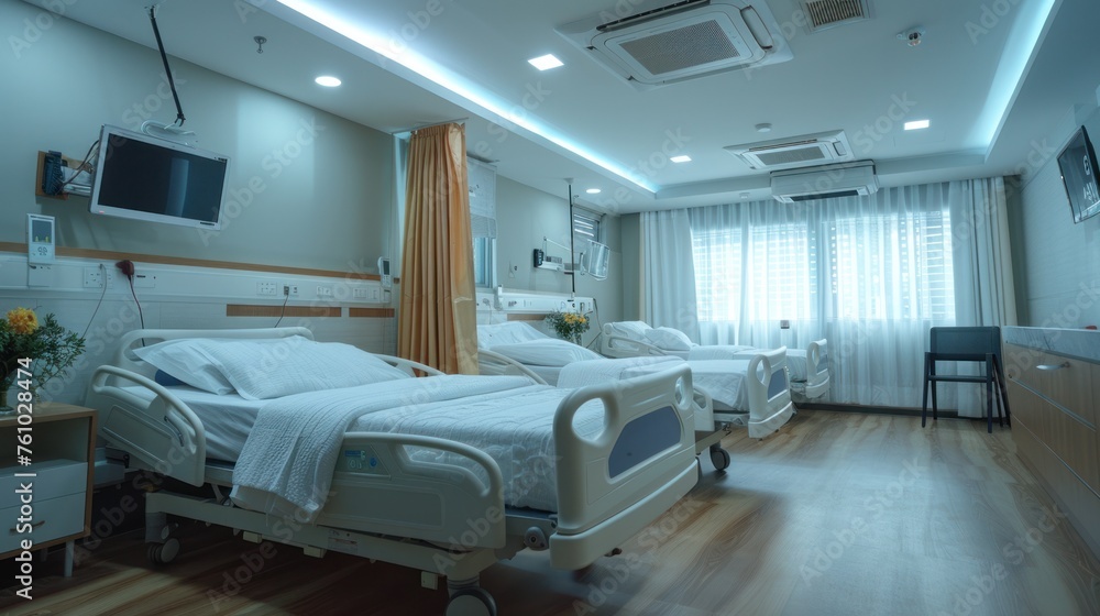Maids make the bed in medical ward. Concept of comfortable and modern conditions for the medical stay of patients Maids make the bed in medical ward. Concept of comfortable and modern conditions for the medical stay of patients