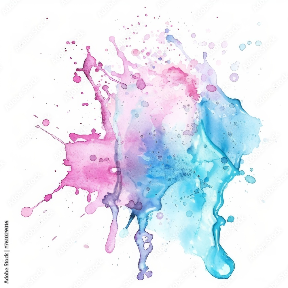 Lush watercolor splashes of sapphire blue and blush pink unfurling on a canvas, symbolizing artistic serenity.
