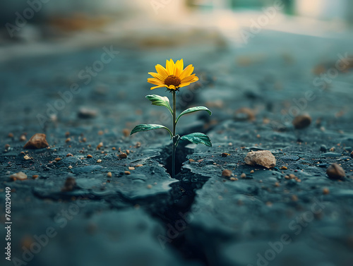 A resilient sunflower emerges through a crack in the asphalt, symbolizing hope and the power of life in an urban setting. © Chomphu