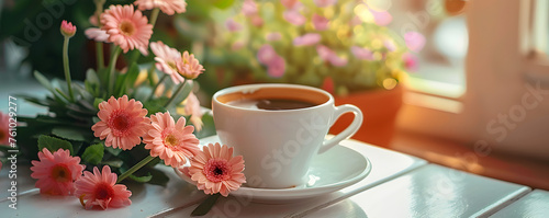 A white cup of coffee shares a sunny window sill with vibrant pink gerbera daisies, welcoming a cheerful morning. photo
