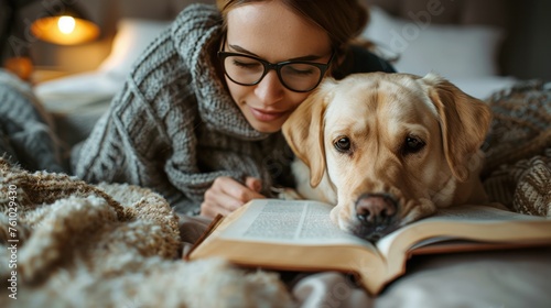 A young woman and a cute dog wear reading glasses while lying together under a blanket in the bedroom. Free time. The concept of friendship and pets.