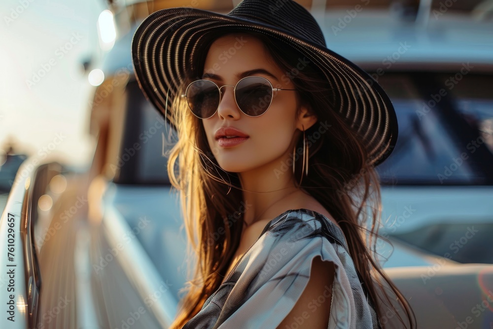 Young woman in sunglasses and hat on yacht