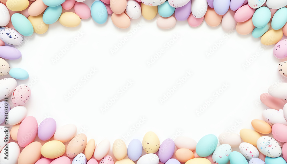 Pastel Colorful Easter Eggs Frame, Copy space center white background Pastel Colorful Easter Eggs Frame, Copy space center white background