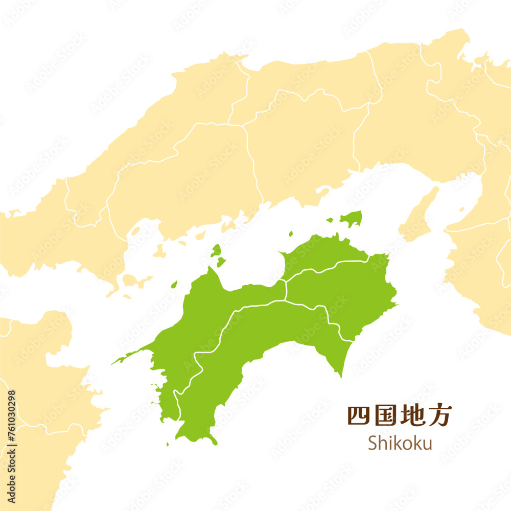日本の四国地方、四国地方の各県と周辺の地図 日本の四国地方、四国地方の各県と周辺の地図