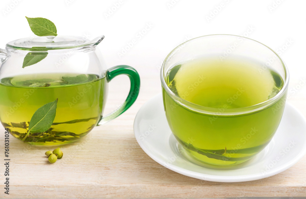 Cups of green tea on table, cut out on white background Cups of green tea on table, cut out on white background
