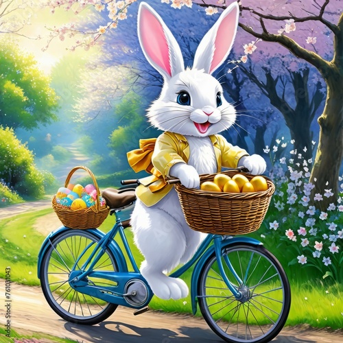 AI generative image of animated rabbit on a bike with a basket full of eggs on a spring day