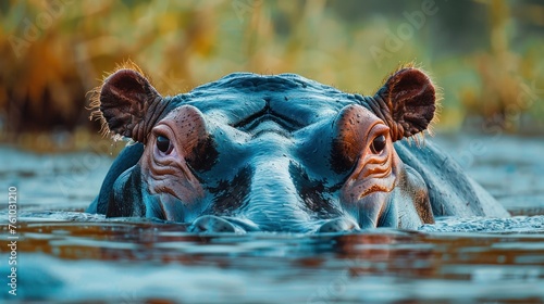 A hippopotamus swims gracefully in a river, its head visible above water, seeking relief from the African heat. © sirisakboakaew