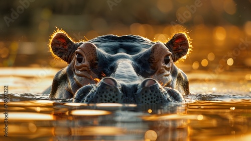 A hippopotamus swims gracefully in a river, its head visible above water, seeking relief from the African heat.