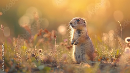 A small prairie dog stands on its hind legs in a field while curious little children explore their prairie home.