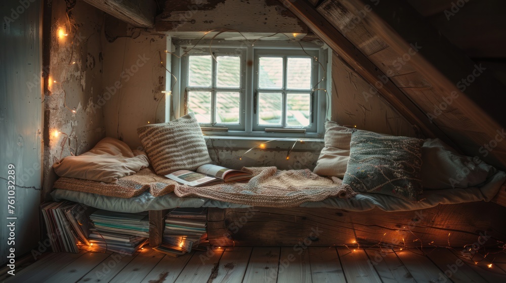 Cozy corner hidden in the attic Complete with a rustic wooden bench, fairy lights and a stack of magazines. Cozy corner hidden in the attic Complete with a rustic wooden bench, fairy lights and a stack of magazines.