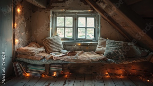 Cozy corner hidden in the attic Complete with a rustic wooden bench, fairy lights and a stack of magazines.