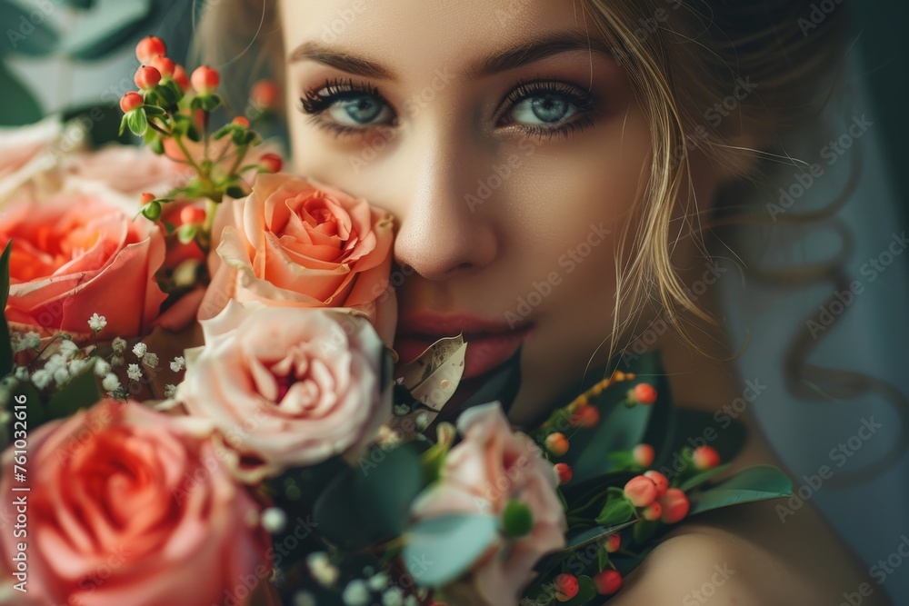 Beautiful young girl with flowers, close-up Beautiful young girl with flowers, close-up