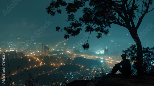 A man sits under a tree in a city at night. The city is lit up with lights, creating a peaceful and serene atmosphere. The man is lost in thought