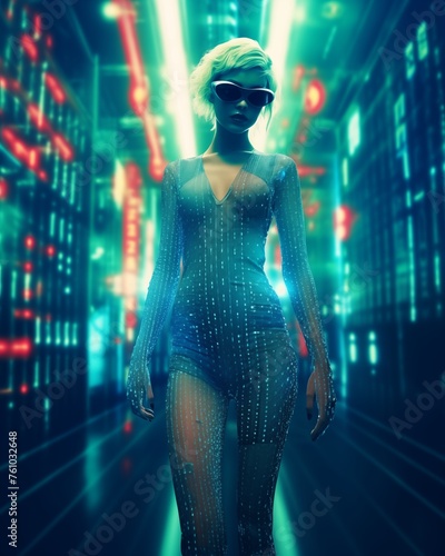 Futuristic woman in a sequined bodysuit with neon lights and cyberpunk vibes