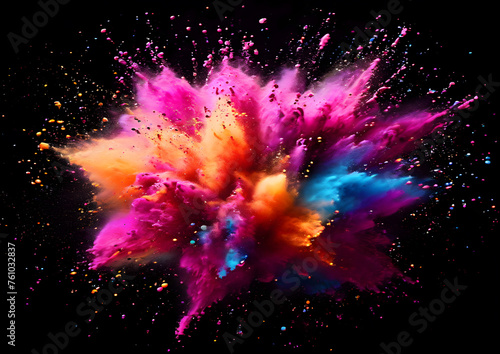 Explosion splash of colorful powder with freeze isolated on background  abstract splatter of colored dust powder  AI generated abstract image.