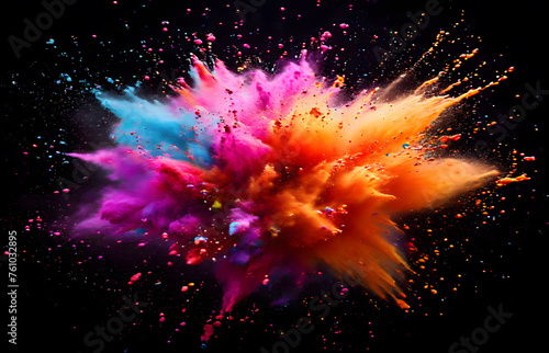 Explosion splash of colorful powder with freeze isolated on background  abstract splatter of colored dust powder  AI generated abstract image.