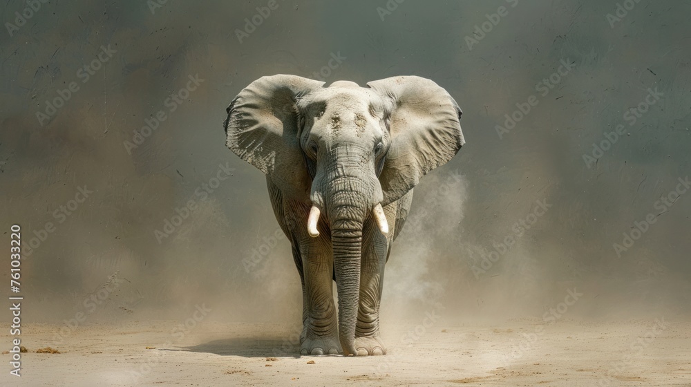An Asian elephant stands in the center of a dusty enclosure, surrounded by dirt. The large mammal appears calm and observant, its trunk hanging loosely by its side. - obrazy, fototapety, plakaty 