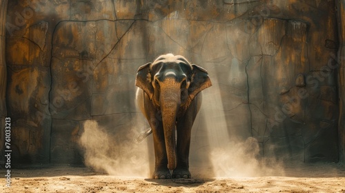 An Asian elephant stands in the center of a dusty enclosure, surrounded by dirt. The large mammal appears calm and observant, its trunk hanging loosely by its side.