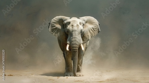 An Asian elephant stands in the center of a dusty enclosure, surrounded by dirt. The large mammal appears calm and observant, its trunk hanging loosely by its side. photo