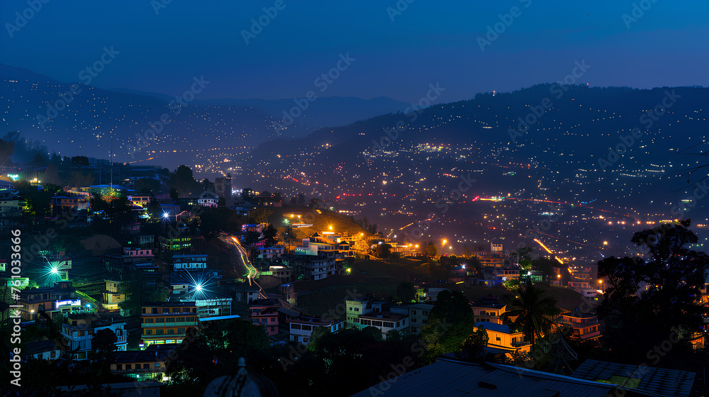 A city at night with many tall buildings and a river in the background. The city is lit up with lights, creating a warm and inviting atmosphere