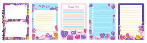 Notepaper lined or grid Notepad set with Valentines Day elements design. Weekly daily planner, note paper, to do list page kit. Stationery copybook frame with romantic drawings vector illustration