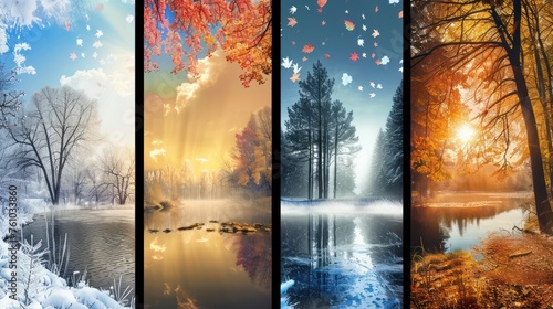 Showcasing four different seasonal river scenes, the image depicts the beauty and variety of the changing seasons with vivid colors photo