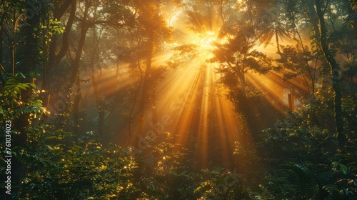 Magical beautiful sunrise in the forest The sun shines through the trees in the mist. The mysterious nature of the rainforest
