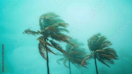 Coconut trees are blown by strong winds in a tropical storm under an overcast sky. © sirisakboakaew