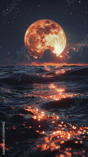 Fiery moonrise over a turbulent sea, a fantasy scene with a celestial event