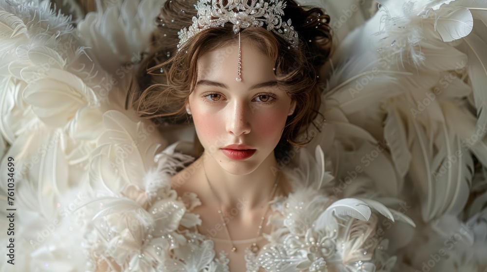 The woman is elegant in a white lace dress with tulle and feathers. Decorated with a crystal crown and angel wings. while exploring fairy tales The woman is elegant in a white lace dress with tulle and feathers. Decorated with a crystal crown and angel wings. while exploring fairy tales
