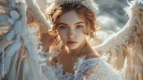 The woman is elegant in a white lace dress with tulle and feathers. Decorated with a crystal crown and angel wings. while exploring fairy tales photo