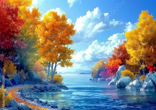 Scenic digital painting of autumn trees by a calm lake with brilliant fall foliage reflected in water
