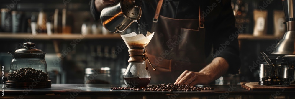 Professional barista making filtered drip coffee in coffee shop.. - obrazy, fototapety, plakaty 