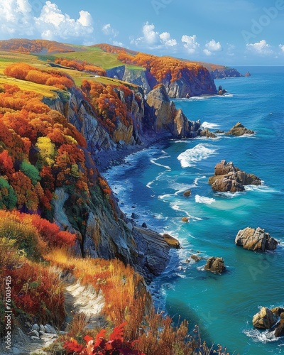 Autumnal paradise on a coastal cliff with a cascade of colorful trees and a crystal blue ocean