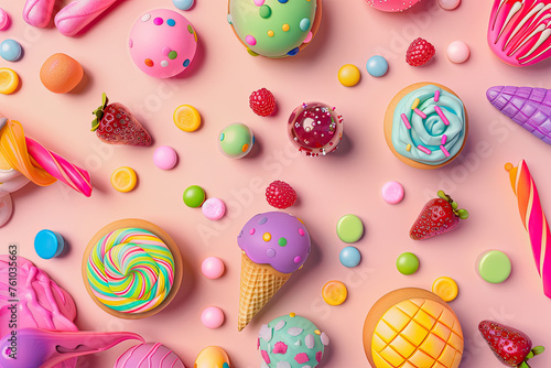 Pop art-inspired imagery captured in the luscious spread of sugary delights 3D rendering illustration, minimalistic