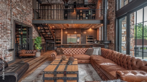 The mix of industrial and farmhouse elements in this home creates a comfortable yet elegant space. With brick walls accented with metal and warm wood tones