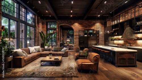 The mix of industrial and farmhouse elements in this home creates a comfortable yet elegant space. With brick walls accented with metal and warm wood tones © sirisakboakaew