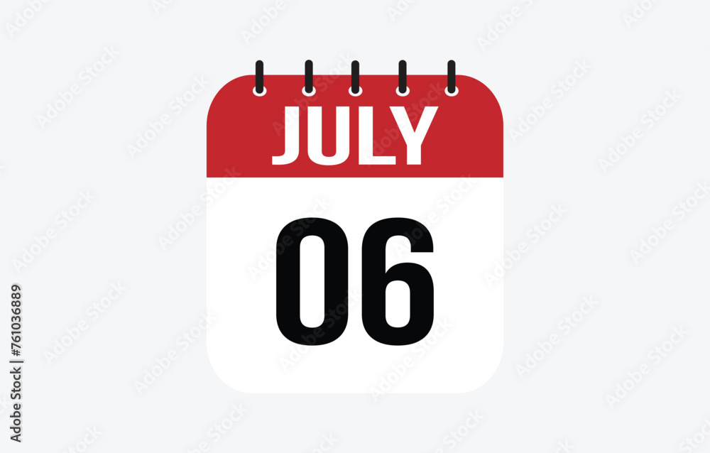 6 July Calendar. July Calendar Vector Illustration. 6 July Calendar. July Calendar Vector Illustration.