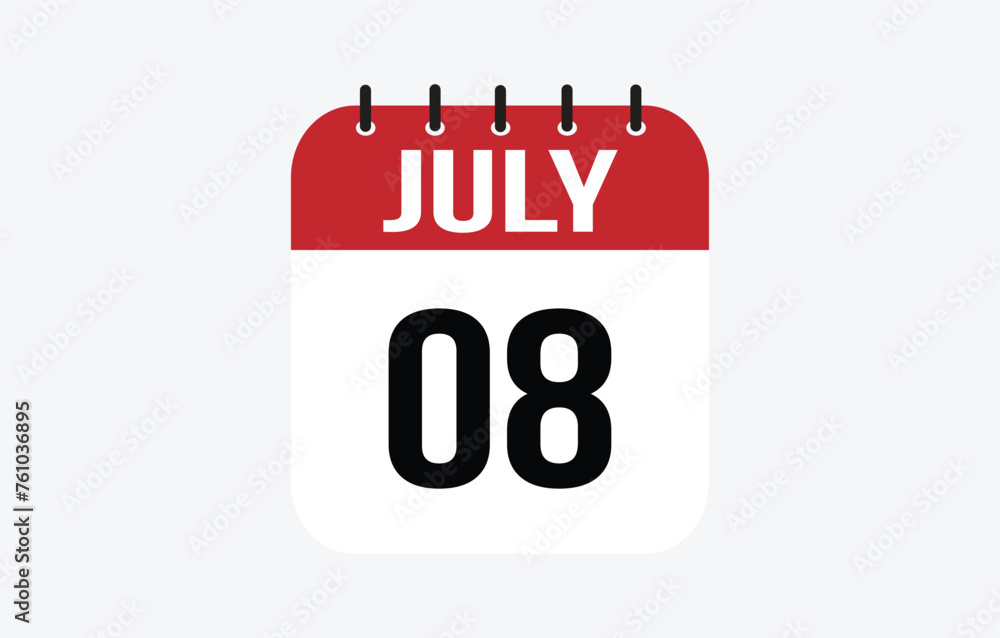 8 July Calendar. July Calendar Vector Illustration. 8 July Calendar. July Calendar Vector Illustration.