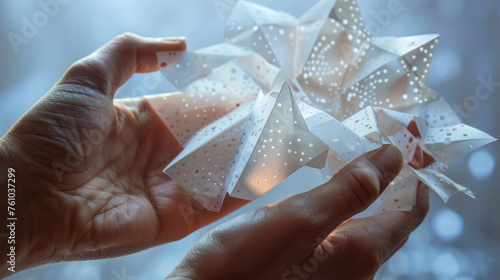 A pair of hands hold a halffolded paper model the intricate patterns and designs highlighted by the light filtering through the creases. Small marks and measurements are visible photo