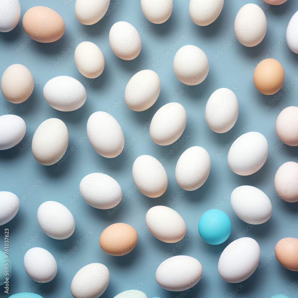 Many different colored eggs on pastel blue background. Flat lay, top view Many different colored eggs on pastel blue background. Flat lay, top view