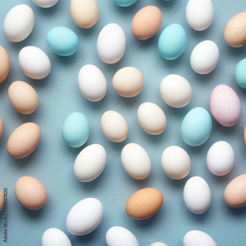 Many different colored eggs on pastel blue background. Flat lay, top view Many different colored eggs on pastel blue background. Flat lay, top view