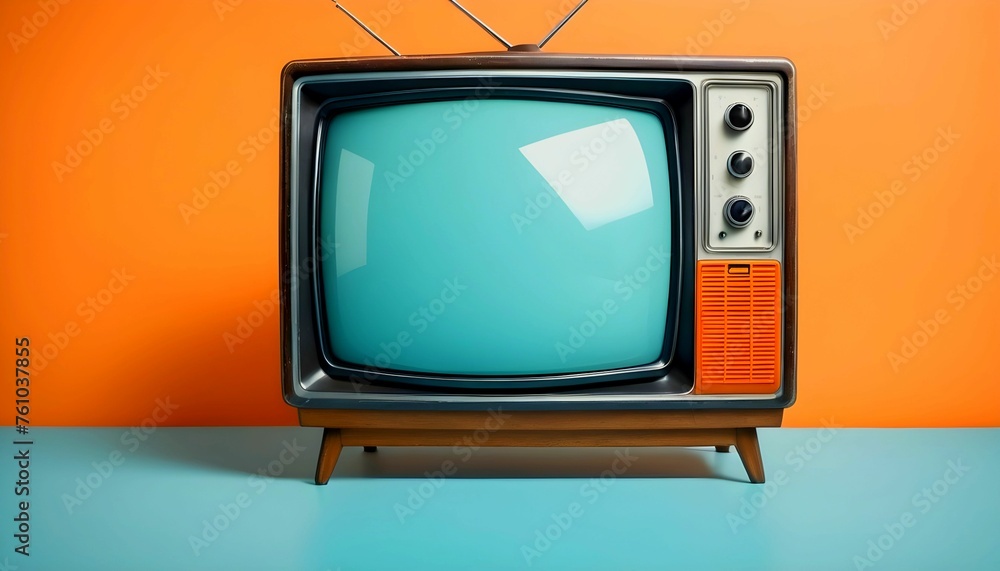 old orange vintage TV, blue background with copy space Old display created with generative ai
