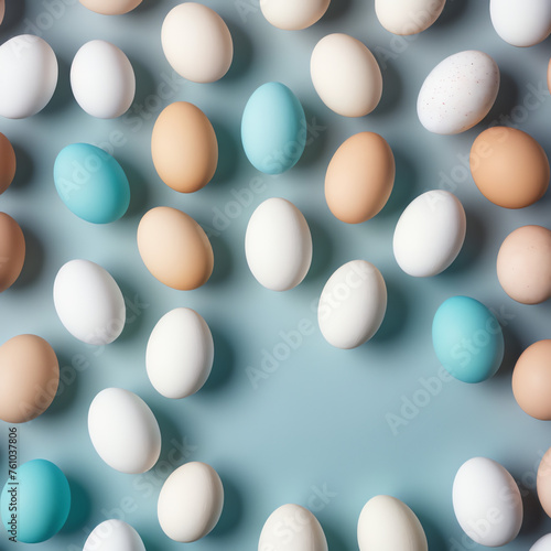 Many different colored eggs on pastel blue background. Flat lay, top view