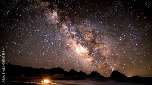 Nighttime photography of the Milky Way galaxy viewed from a dark landscape, showcasing the awe-inspiring beauty of a starry sky above the earth