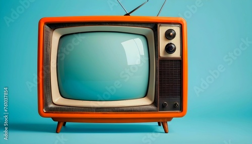 old orange vintage TV, blue background with copy space Old display created with generative ai