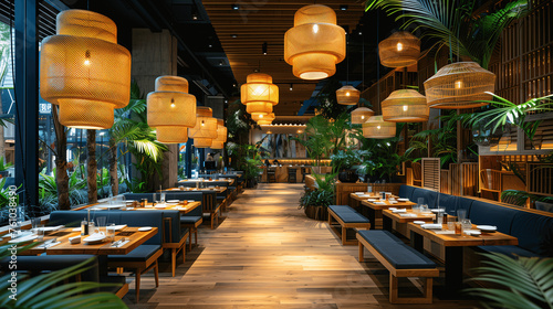 Fototapeta Naklejka Na Ścianę i Meble -  Stylish Restaurant Interior with Contemporary Lighting and Greenery